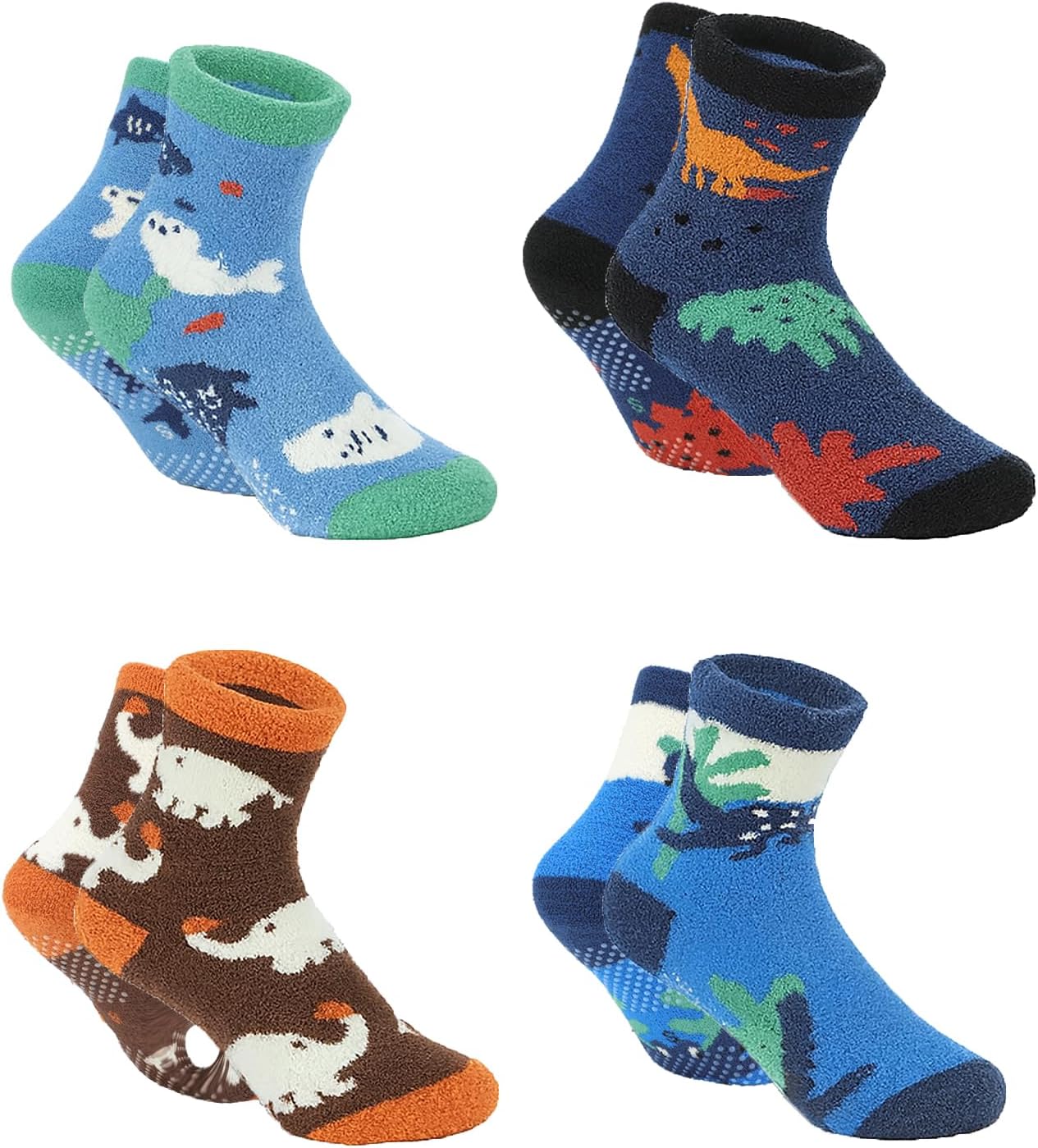 Kids Boys Fuzzy Slipper Socks with Grips, Toddlers Non Slip Warm Winter Fun Crew Socks 4 Pairs