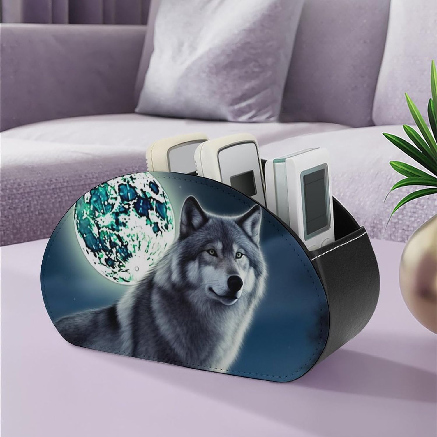 Remote Control Holder PU Leather Remote Caddy with 5 Compartment TV Remote Holder Wolf Under Moon Remote Box Remote Control Organizer Pen Holder for Desktop Organizers