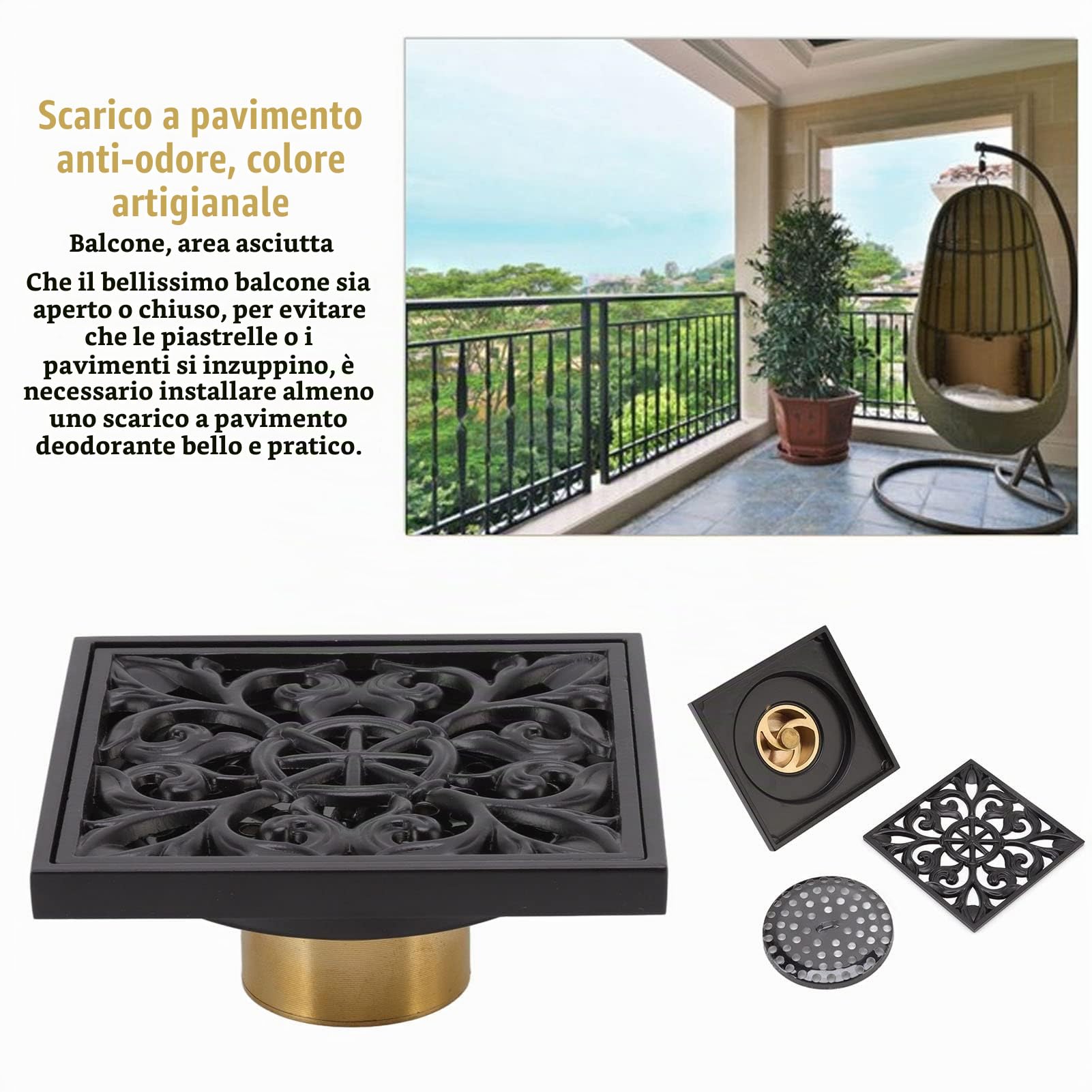 Buachois Piletta Doccia a Pavimento,Quadrato in Acciaio Inox Scarico per Doccia Ombrinale Scarico Quadrato Griglia Porta Drenante Parte per Bagno WC