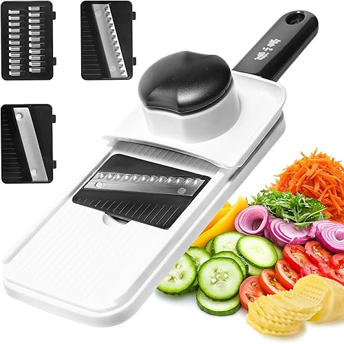 Miniatura 2 de Cortador de mandolina de mano 3 en 1, cortador de verduras de acero inoxidable, rallador de queso con agarre cómodo, ideal para cortar frutas y