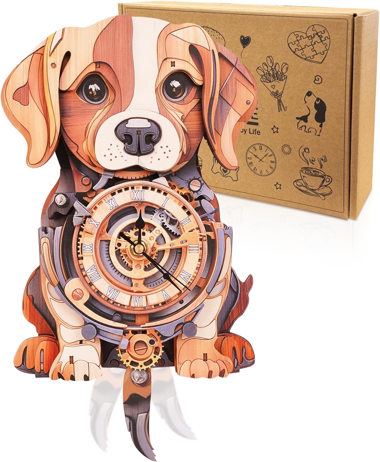 Cutywood 3D Puzzles for Adults Clock-Beagle Design Model Kit-Mechanical DIY Pendulum Clock with Roman Numerals-Desk Home Office Decor Personalized Gift for DIY Lovers