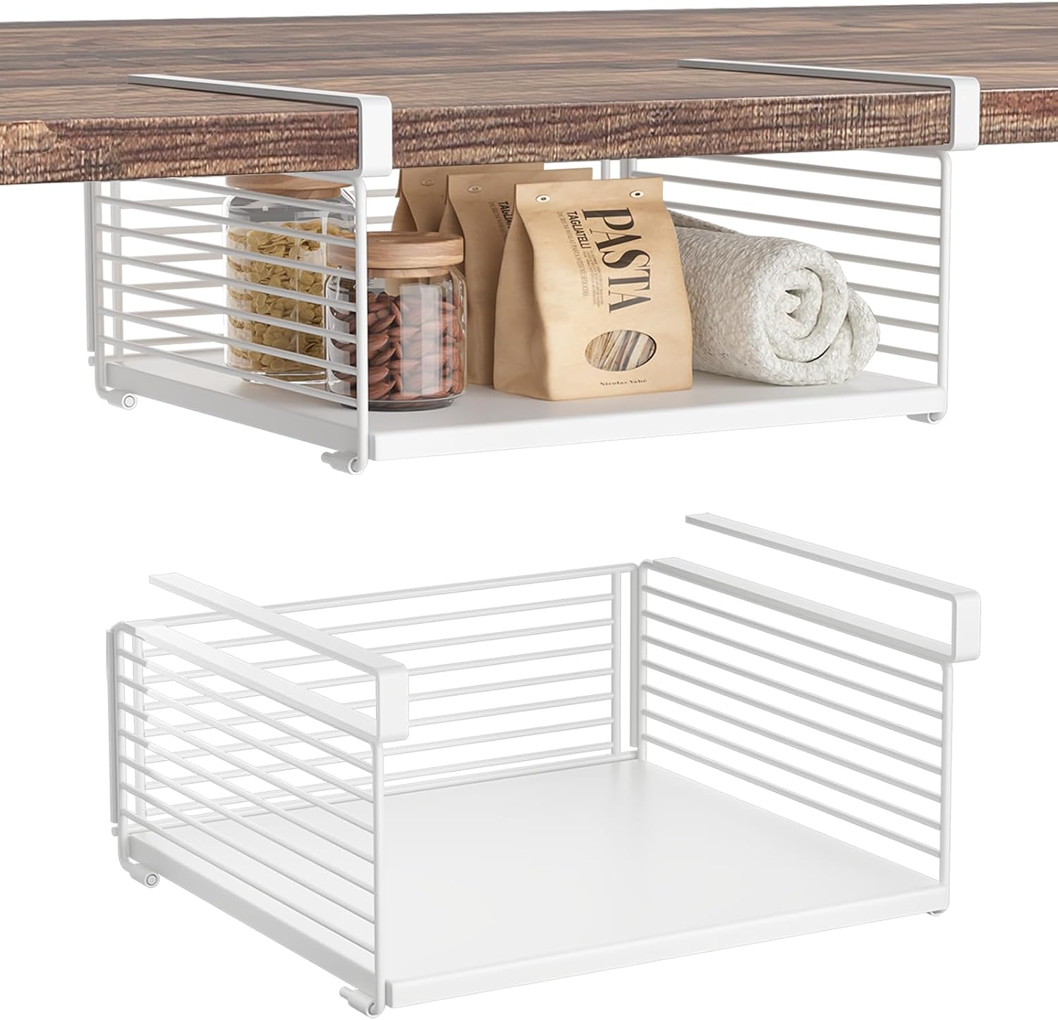 Under Shelf Storage Basket, Hanging Wire Basket with 1.13 Inches Thick Clips for Kitchen, Pantry or Laundry Room, Under Cabinet or Desk Storage Organizer, White, 15.75" L-Mesh Bottom, 2 Pack