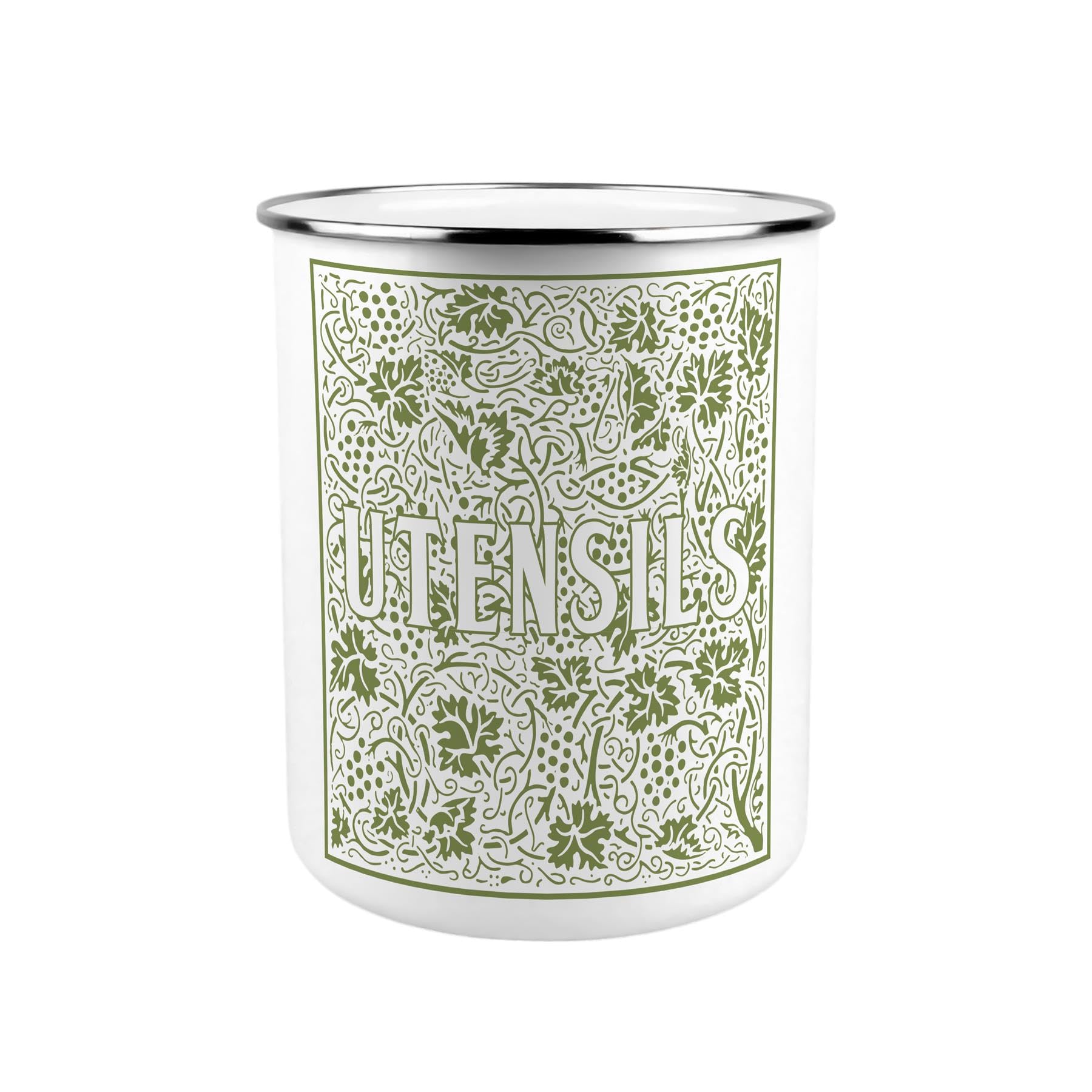 Purely Home Oak Leaves & Berries Metal Utensil Holder - Green XL Kitchen Utensil Pot/Organiser for Countertop Decor Gift 18x16.5cm