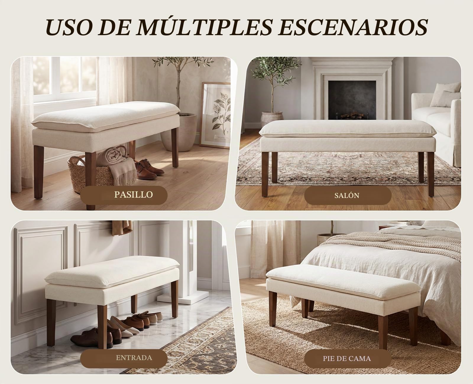 Ya-Home Banco Pie de Cama Banco Tapizado de Chenille,Blanco | Chenille, Patas de Madera, 19cm Cojin Doble Capa, Almohadillas Antideslizantes, para Pasillo/Dormitorio/Recibidor, MAX 136KG