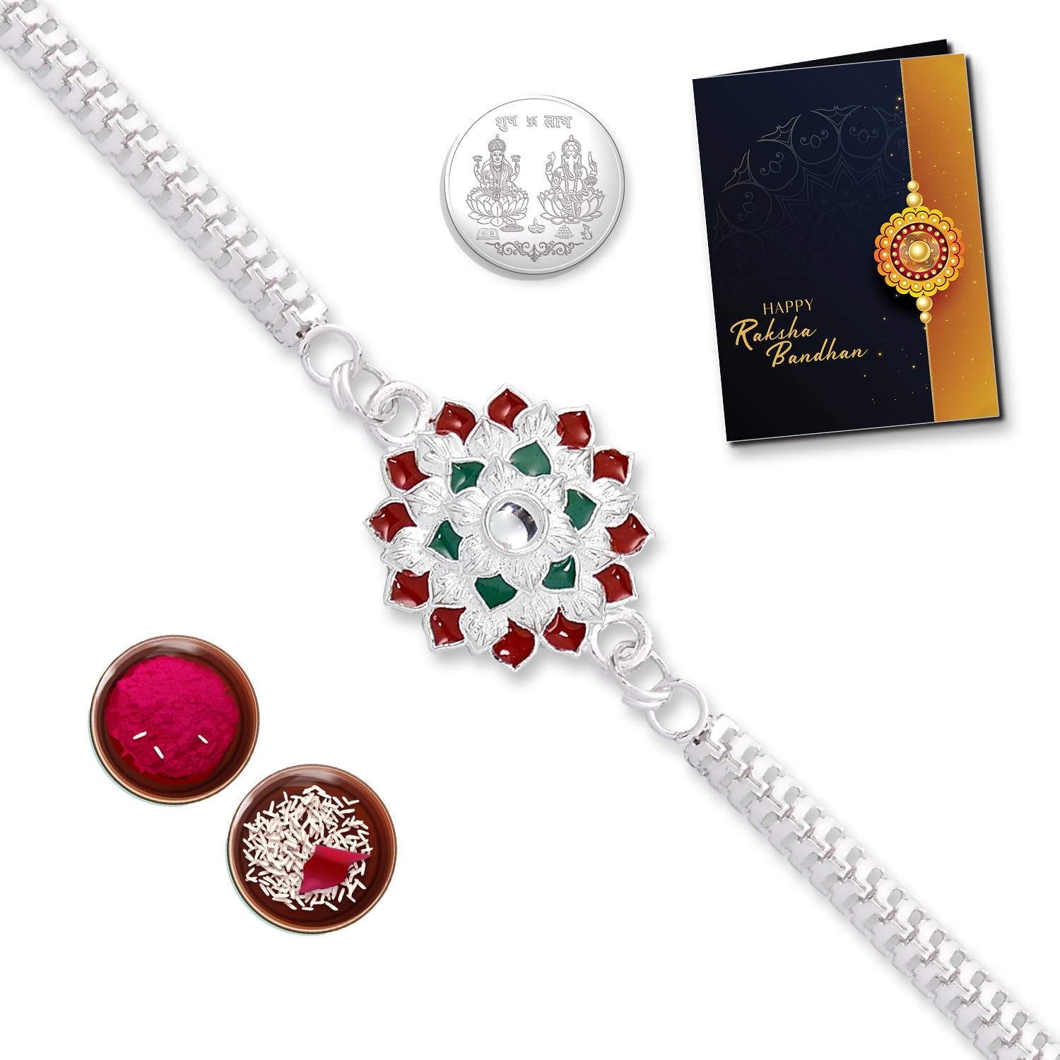Periapt (K1_A1) Multicolor Crystal Flower Silver Color Rakhi Combo with Silver Color Pooja Coin, Tilak Set & Greeting Card, Fancy Rakhi for brother, new Rakhi collection, Men bracelet, rakhi combo for brother, rakhi bracelet for brother, silver rakhi (B0B6QC24BN) Amazon Price History, Amazon Price Tracker