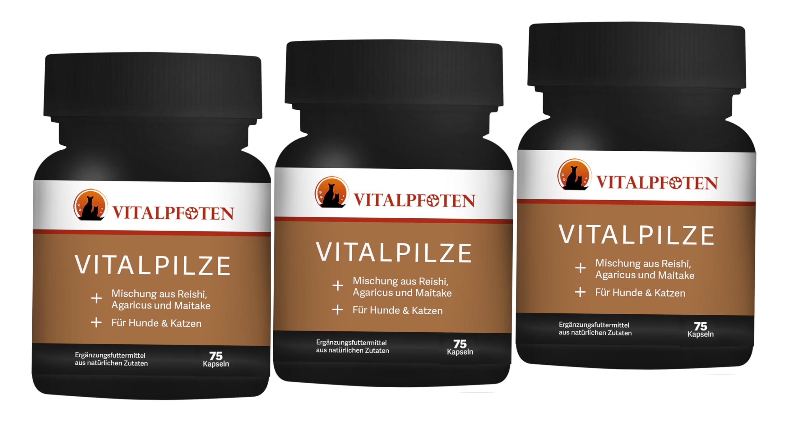 3x75 Vitalpilze Kapseln für Hunde & Katzen mit Heilpilz-Extrakt aus dem ganzen Fruchtkörper für das Immunsystem und Fellpflege