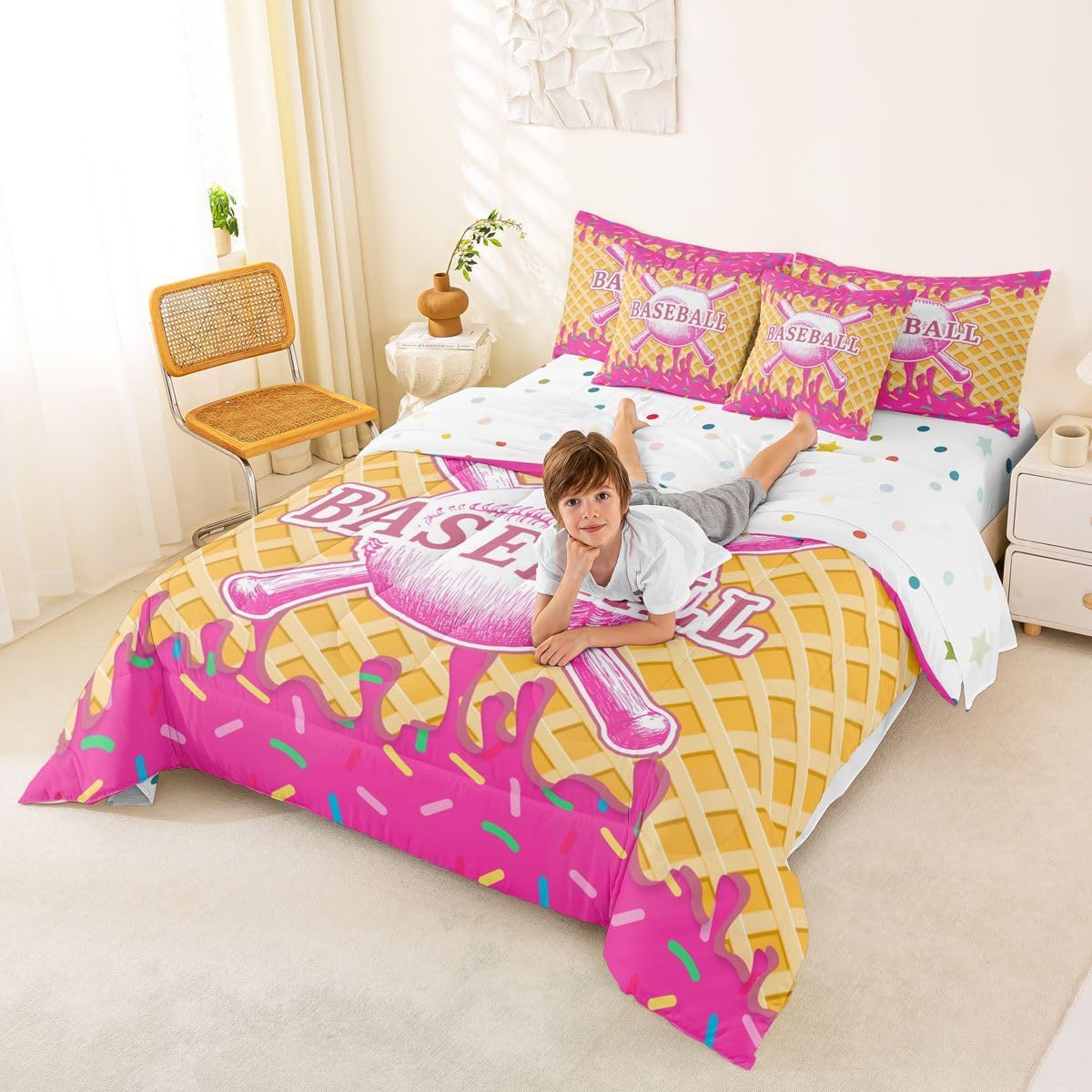 Erosebridal Baseball 7 Piece Bedding Set Teens Sport Ice Cream Bed in A Bag Queen Size Baseball Gaming Comforter Set for Kids Boys Adult Room Cute Colorful Dessert Candy Sheet Sets, Yellow Hot Pink image 3