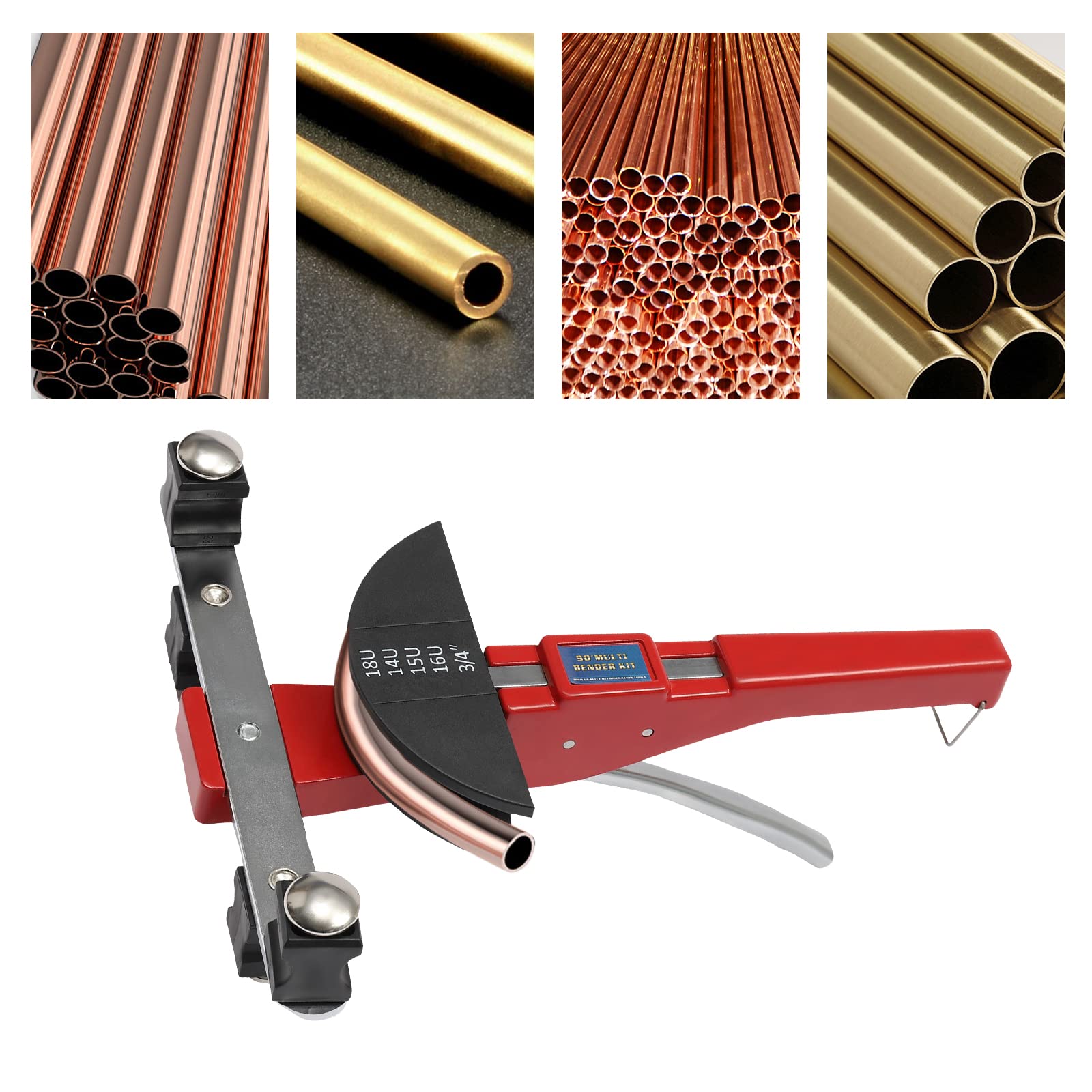 Dobladora de tubos 6-22 mm, 7 piezas, nailon, acero 90°, para aire acondicionado y tubo de cobre | Nailon de acero resistente al calor, 7 cabezales de flexión (6 – 22 mm), 2 grapas, desbarbador de 90°, mecanismo de trinquete
