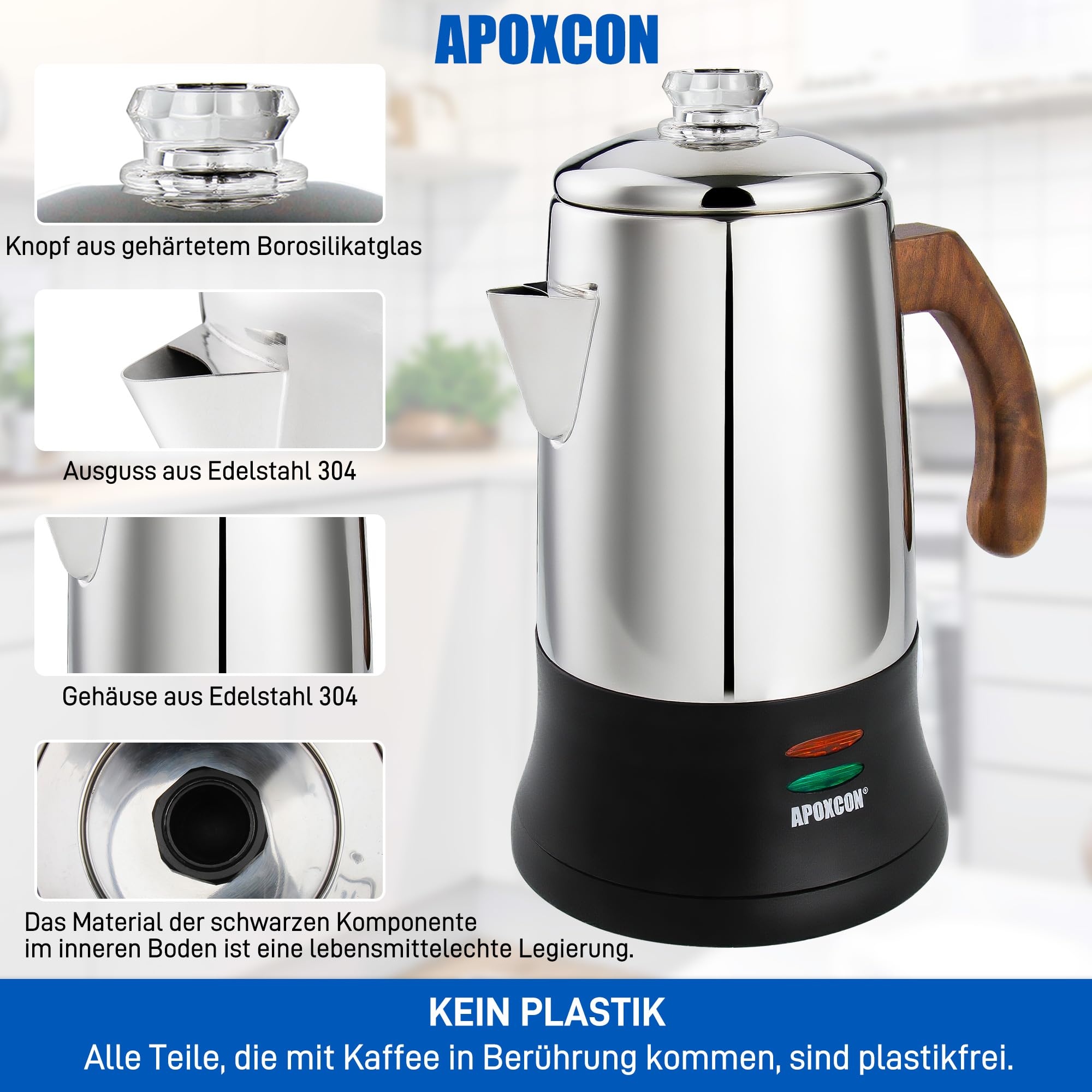 APOXCON Edelstahl 18/8 (SS304) Kaffeemaschine Elektrischer Perkolator, Kordlos mit Schauglas für Haushalt Hotel Geschenkbox (6 Tassen)