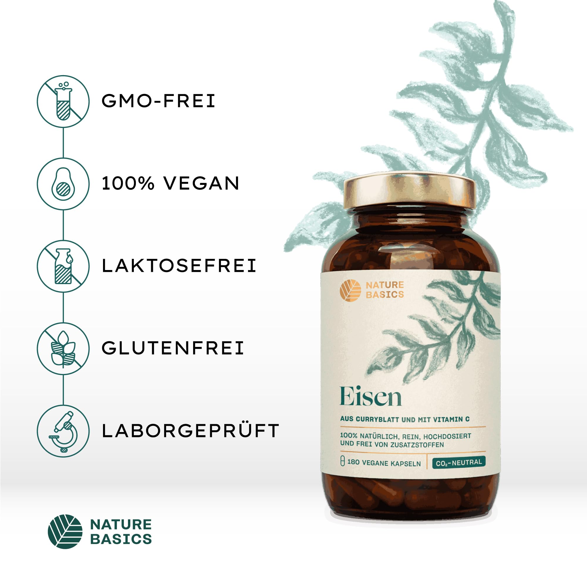 Nature Basics Eisen + Vitamin C | 180 Kapseln | Natürlich & vegan | Natürliches Eisen aus Curryblatt-Extrakt, Vitamin C aus Hagebutte, ohne Zusatzstoffe, in Deutschland hergestellt