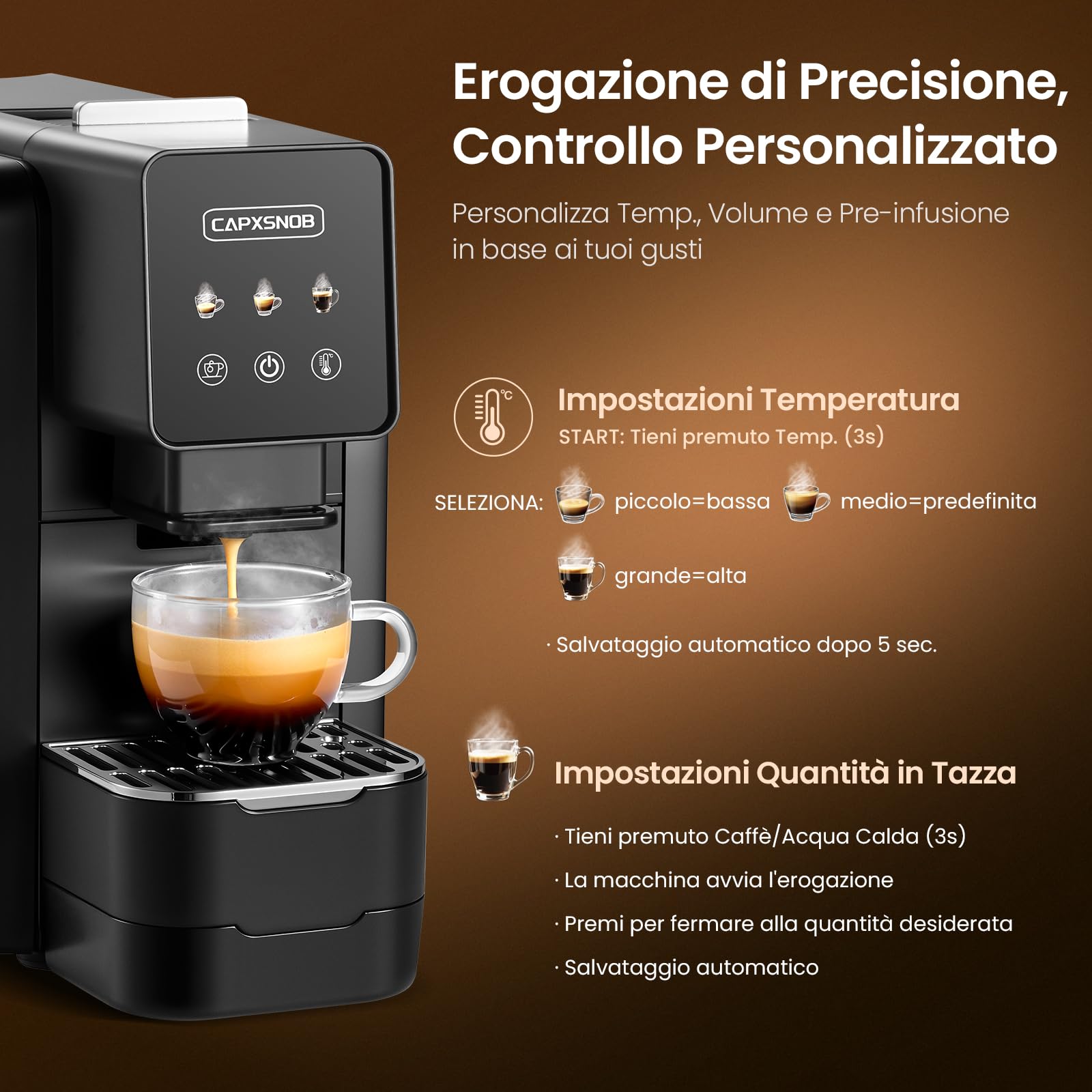 Casabar1 Macchina da Caffè per Cialde E.S.E. 44mm, Touchscreen, 4 Bevande | Pompa Italiana 19 Bar, Pre-infusione, Temp. e Quantità Regolabili, Bypass Americano, Macchina Espresso per Casa e Ufficio