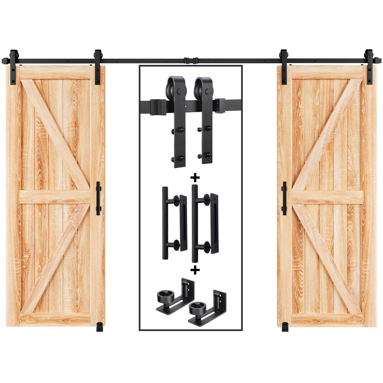 EaseLife 10 FT Double Sliding Barn Door Track and Handle Hardware Kit,Basic J Pulley,Slide Smoothly Quietly,Easy Install (10FT Track Kit for 27"~30"