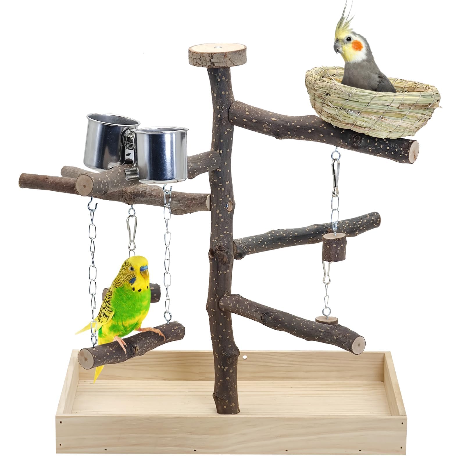 Apatal Bird Playground for Training & Playing Natural Wood Parrot Perch Stand Jungle Gym with Bird nest & Stainless Feeder Cups Parakeet Cage Playstand for Budgie Cockatiel Conure