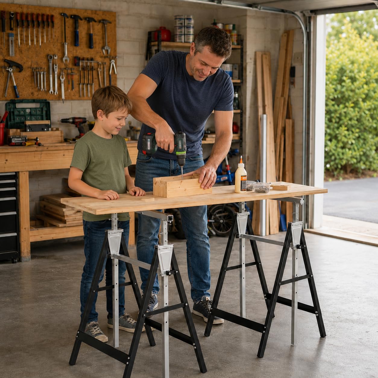Lot de 2 tréteaux d’échafaudage télescopiques - Support de travail pliable - Hauteur de travail variable de 80 à 130 cm - Réglable en hauteur sur 7 positions - Support métallique, capacité de