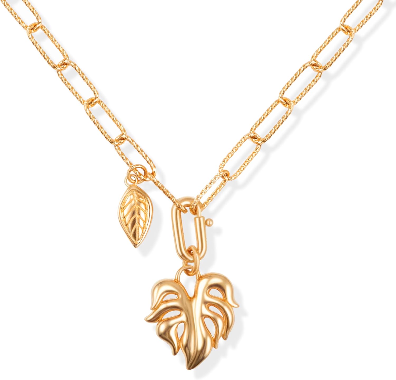 Gold Necklace for Women, Monstera Muse Collection, Medium Model, Sculpted Leaf Pendant, Twisted Paperclip Chain, 18K Yellow Gold Finish, Sterling Silver
