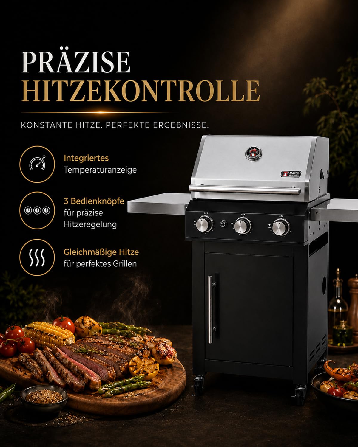 Premium Gasgrill 3 Brenner 10,5 kW Grillrost komplett montiert, Outdoor-Grill für Garten & Terrasse, 304 Edelstahl-Brenner schwarzer PVD-beschichteter Edelstahl-Korpus 1,2 x 0,6 x 1,2 m