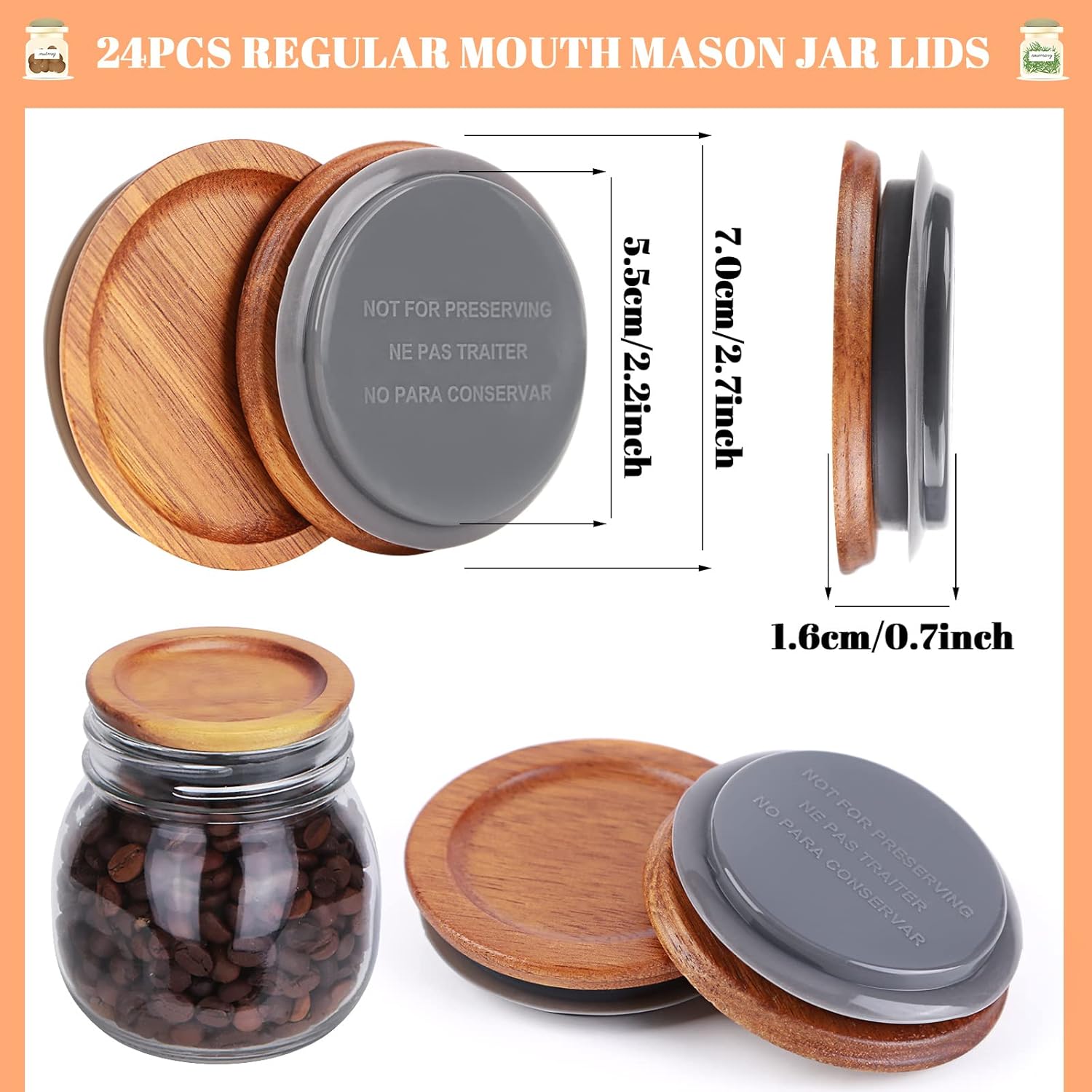 24Pack Regular Mouth Mason Jar Lids - Acacia Wooden Storage Canning Jar Lids with Airtight Silicone Seal