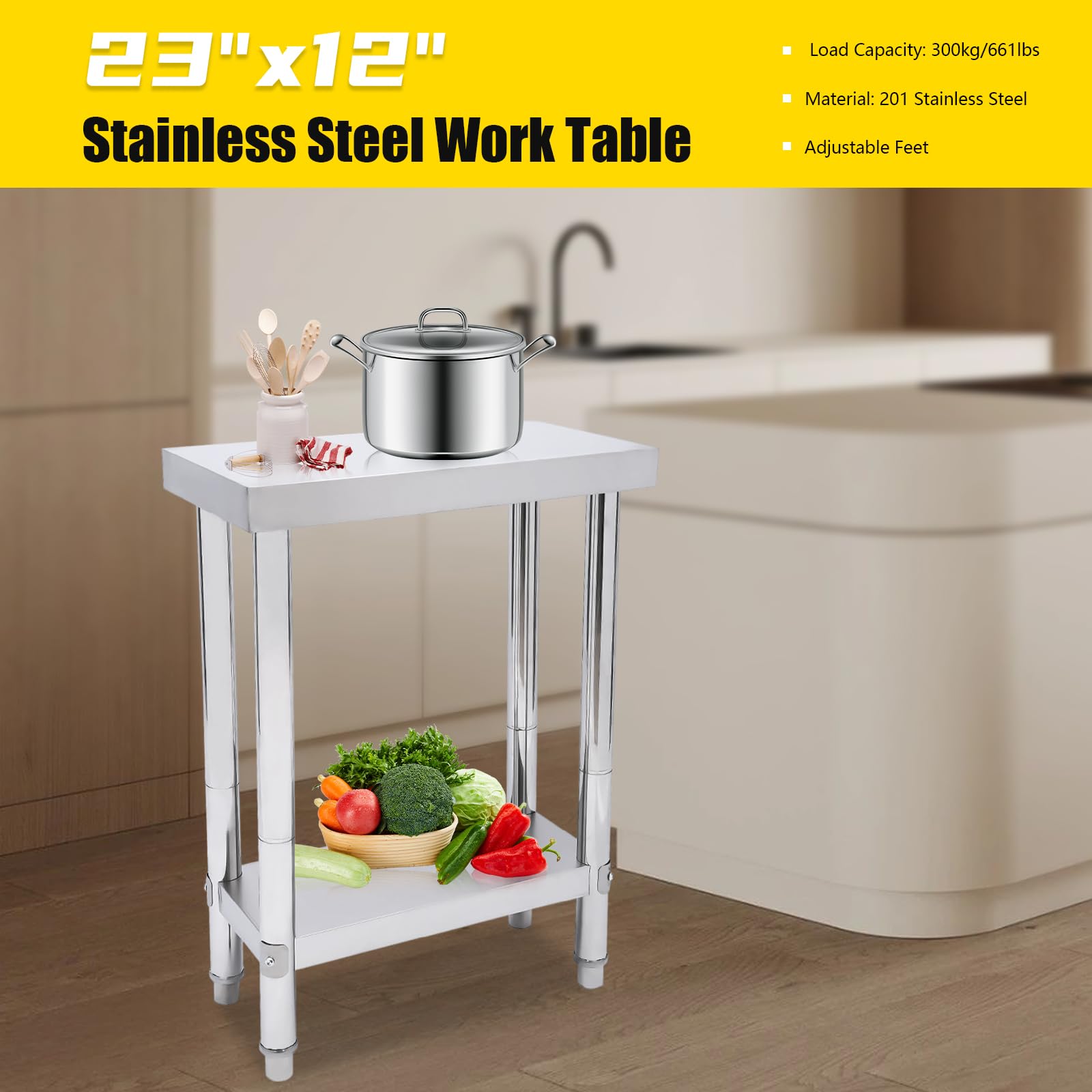 Mesa de trabajo de acero inoxidable para cocina, 60 x 30 x 85 cm, de acero inoxidable, con pies, capacidad de carga máxima de 661 libras, mesa de acero inoxidable al aire libre para la preparación de