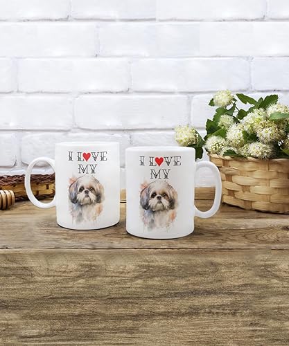 Miniatura 6 de Taza de café con texto en inglés "I Love My Shih Tzu", bonita taza para mamás y papás de perros, taza de acuarela con retrato de mascotas, regalos