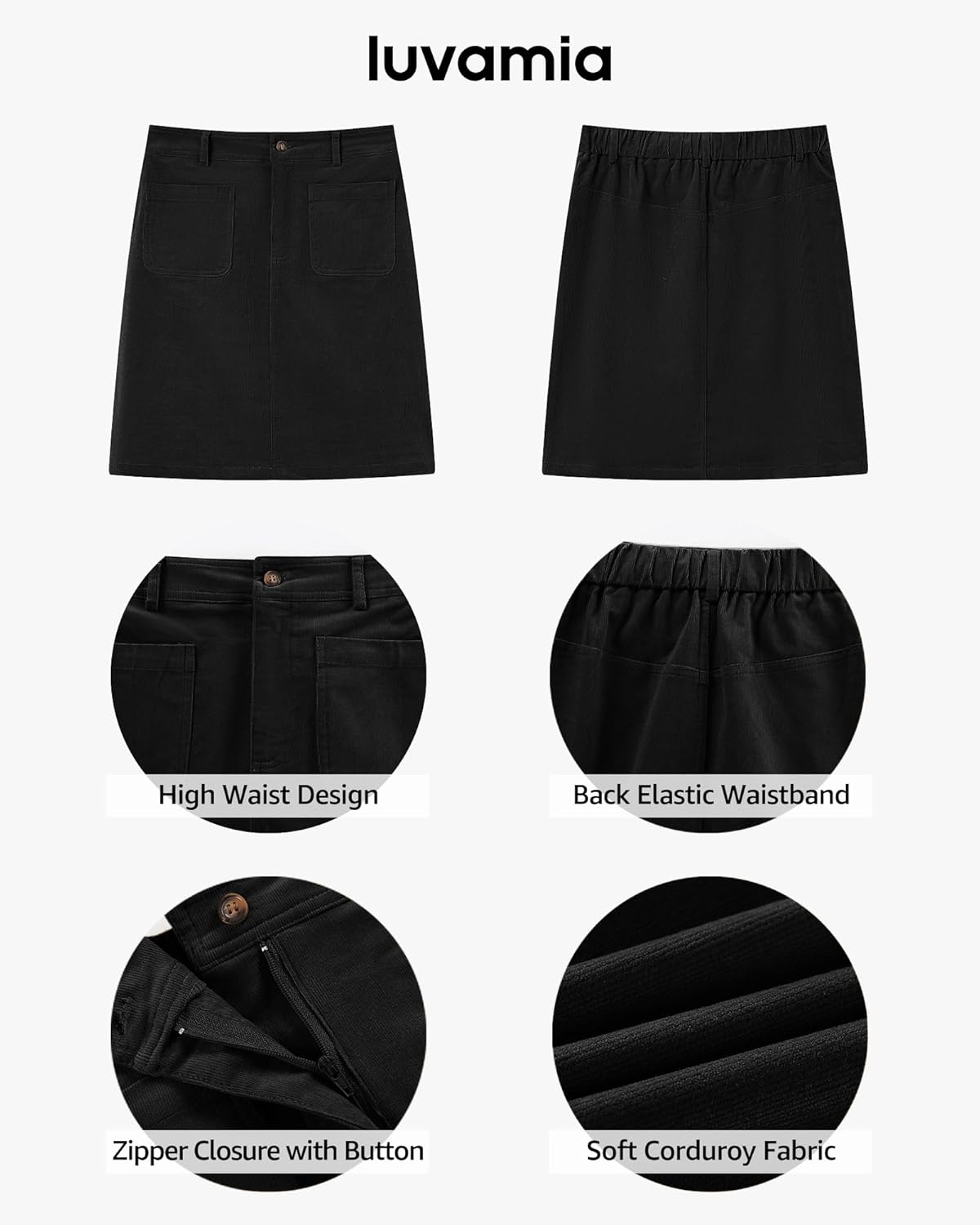 luvamia Corduroy Skirts for Women High Waisted Trendy Fall Elastic Waist Casual Stretchy Short Skirts with Patch Pockets - Image 5