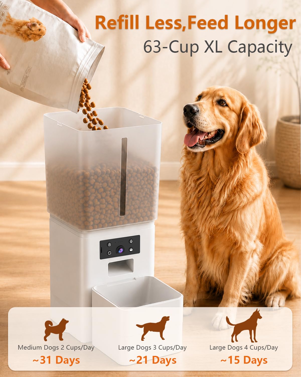 Comedero automático para perros de raza grande: capacidad de 15 L/63 tazas para croquetas de hasta 22 mm, alimentador lento antiobstrucciones con soporte elevado, con cámara HD con WiFi y fácil