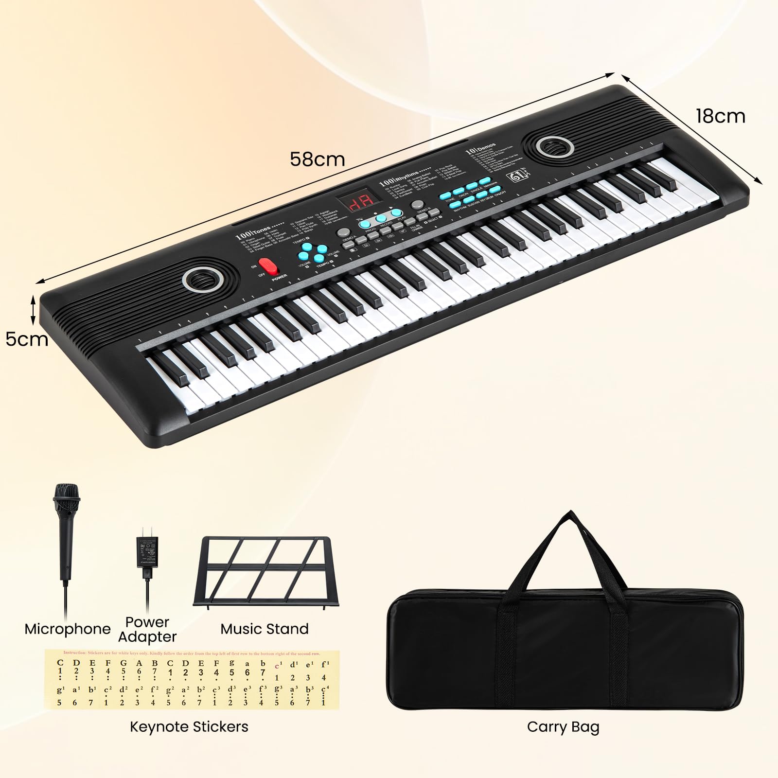 Pianoforte Digitale 61 Tasti Pieghevole, Tastiera Elettronica con Microfono e Leggio, Portatile con Borsa per Principianti (Nero)