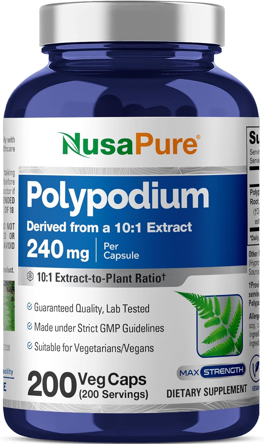 NusaPure Polypodium Leucotomos Capsules, 240 mg, 200 Veg Capsules (Non-GMO, Vegan)