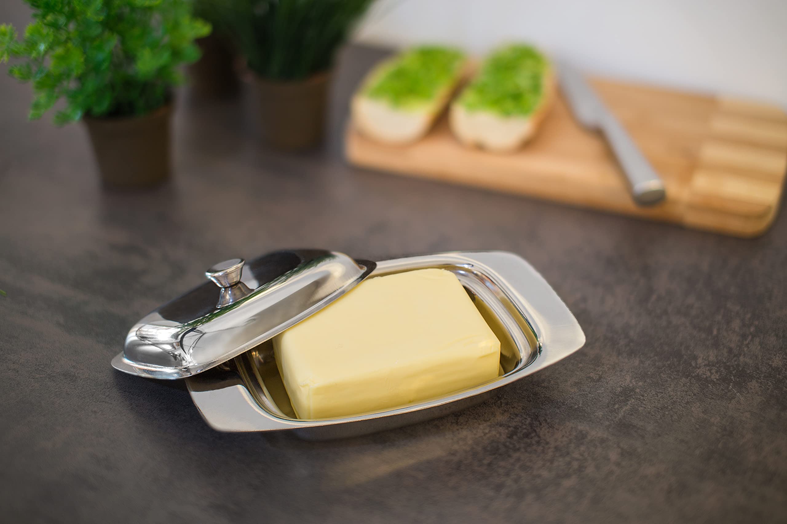 Relaxdays Butter Dish with Handle, 6 x 19.5 x 13 cm, 250g Butter Dish with Lid in Stainless Steel Finish, Silver