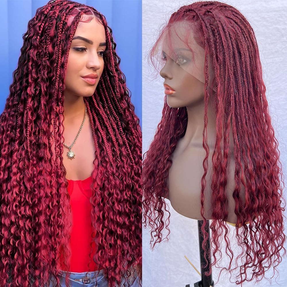 Demi Closure braided wig-burgundy Watermelon Burgundy Box Braid Wig: Shoulder Length Lace  main image 2