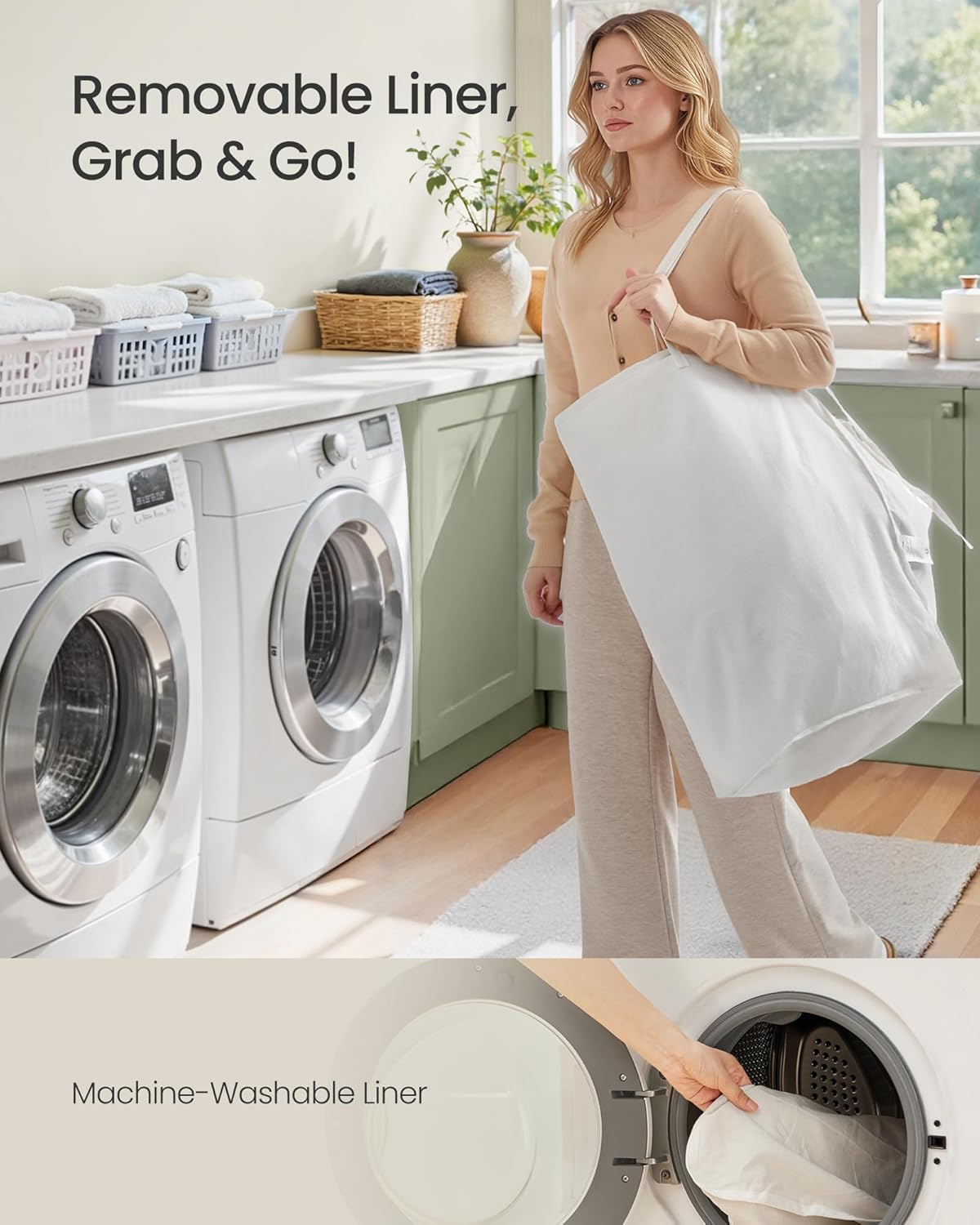 SONGMICS Laundry Hamper with Lid, 23.8 Gallon (90L) Synthetic Rattan Clothes Laundry Basket with Lid and Handles, Foldable, Removable Liner, Summer Sand ULCB051LZ01