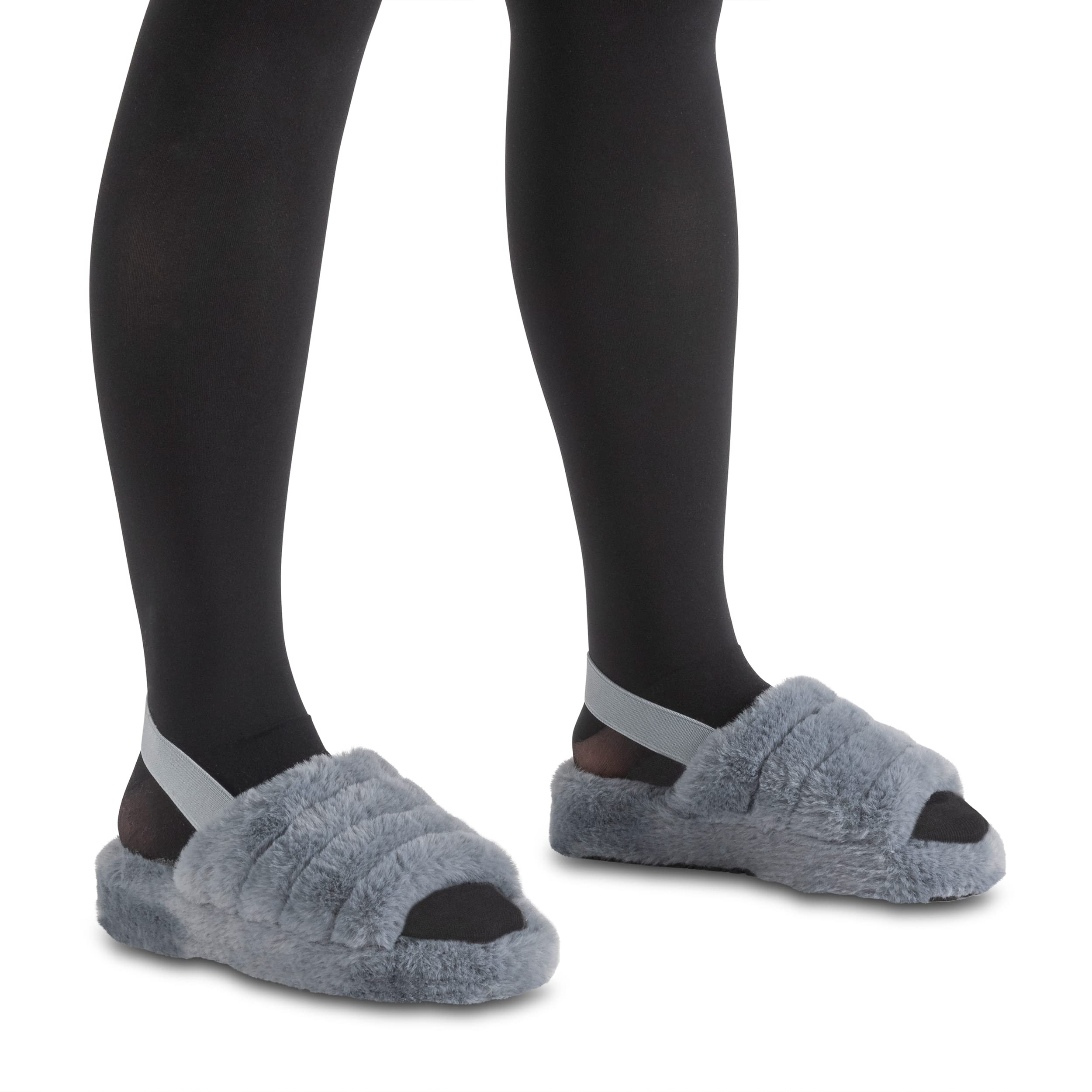 Polar Womens Slippers - Open Toe Slip On Slippers Women with Elastic Strap - Anti-Skid Fluffy Slippers for Indoor - Warm House Slipper Sandals - Memory Foam Fluffy Slider Grey AEA0700/UK8