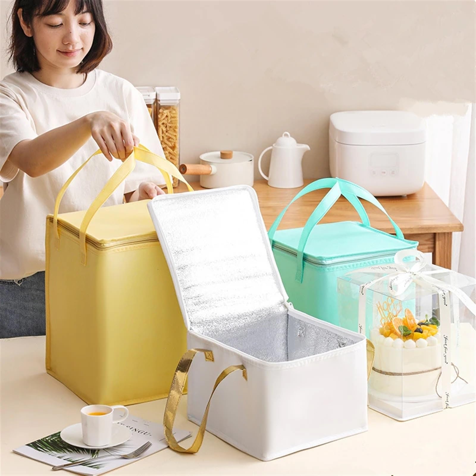 Borsa termica portatile, confezione da 3, sacchetti per alimenti in cotone perlato per torte, ideali per oggetti da 10 a 20 cm, multiuso e durevoli