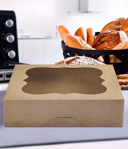 Miniatura 5 de CHERRY Paquete de 15 cajas de panadería marrones de 10 x 10 x 3 pulgadas con ventana de PVC para tartas y galletas, caja pequeña de papel kraft
