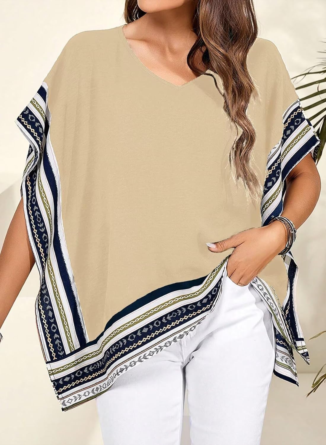 Women's Casual V Neck Floral Tops Batwing Sleeve Blouse Loose Fitting Shirts Boho Flowy Side Slit Tees - Image 5