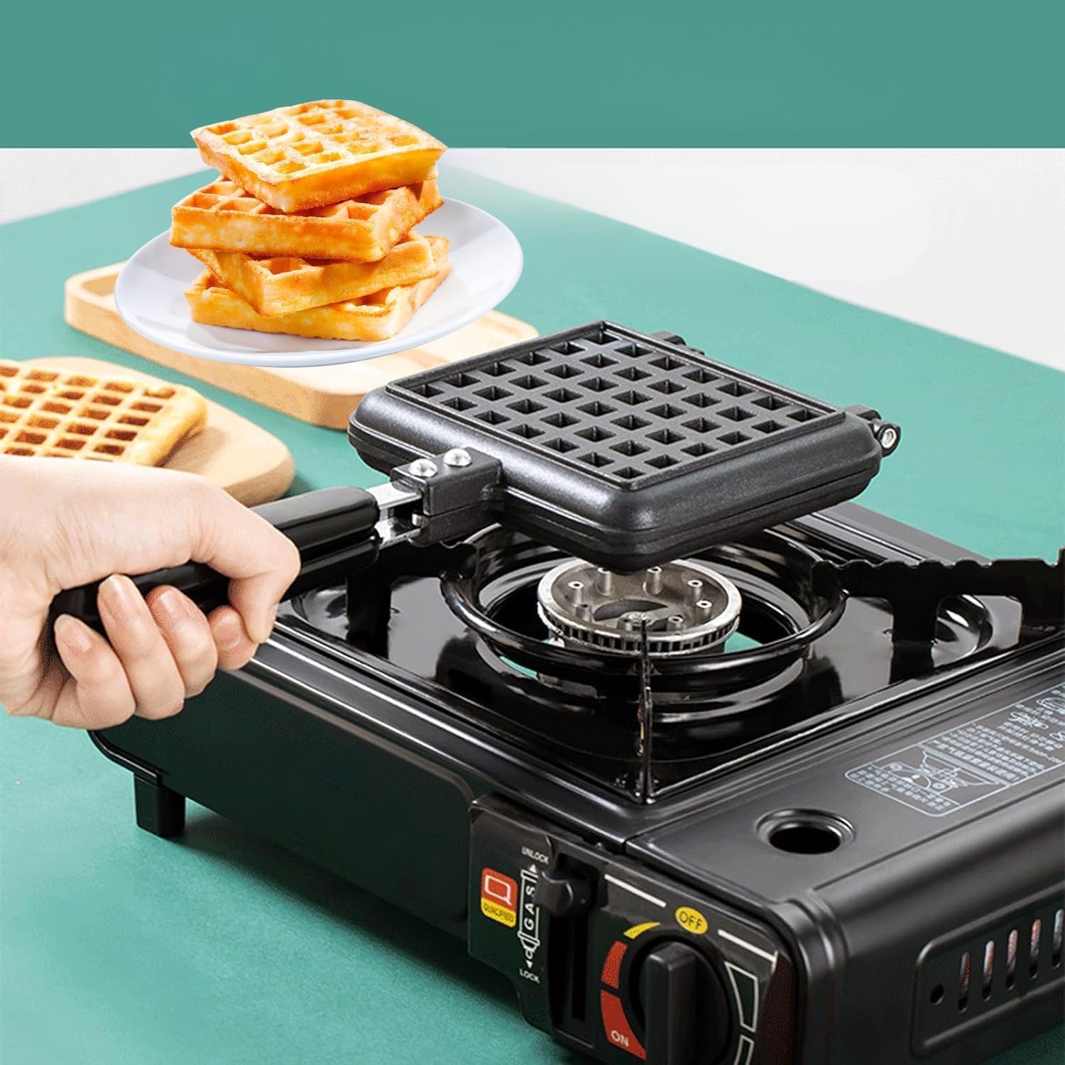 DIKSUL Waffle Maker Pan Square, Waffle Maker with Long Handles with Locking Hoop, Non Stick Double-side Waffle Baking Pan, Waffle Maker Mould for Gas Burner Stove