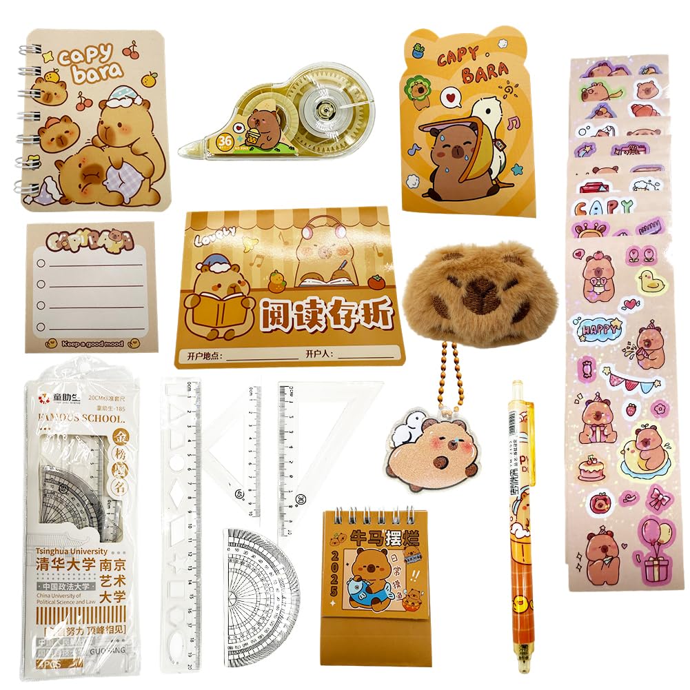 Capy-bara Kit de Papeterie Orange avec Ruban Correcteur, Stickers, Stylo, Bloc-Notes, Pendentif et Peluche