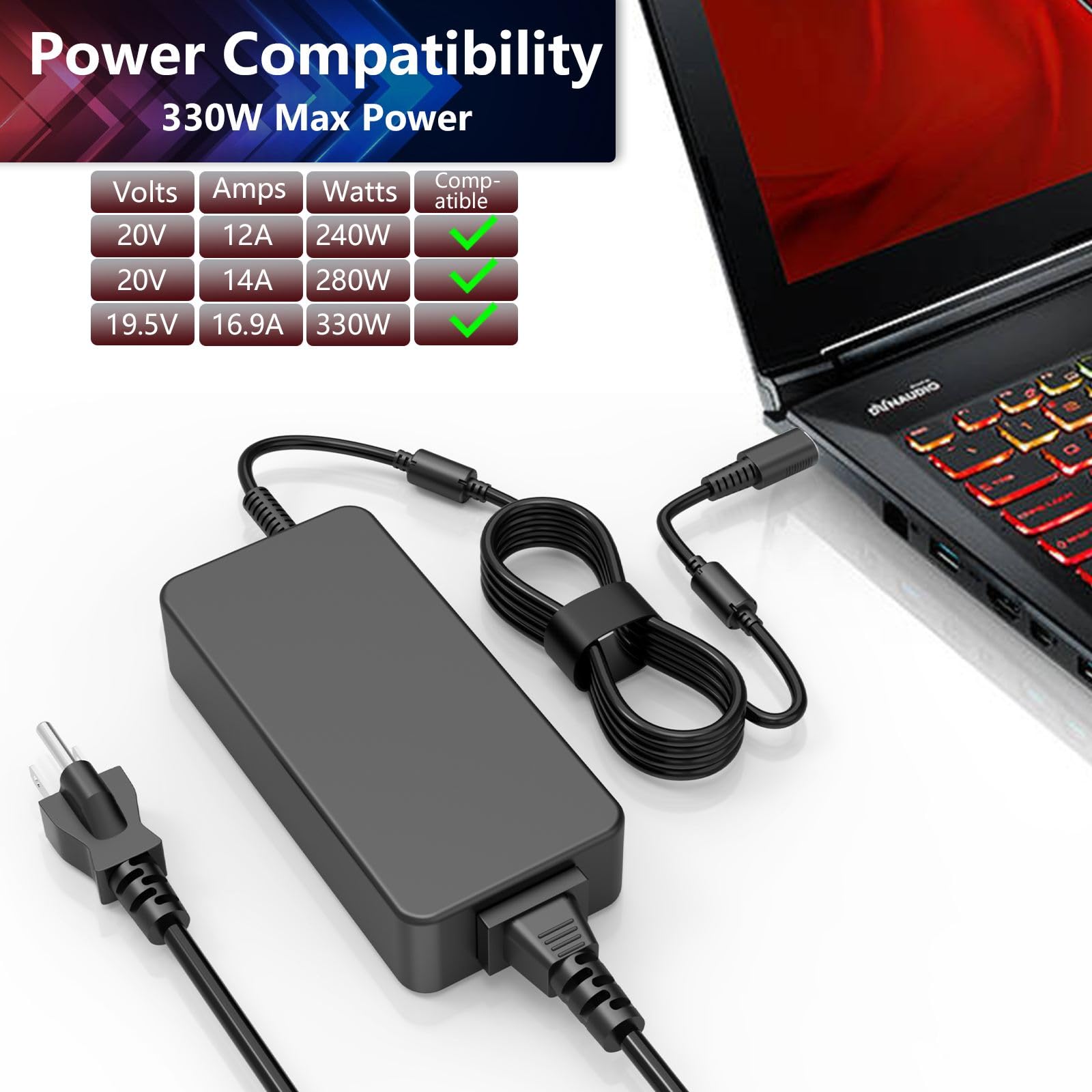 Cargador de CA con punta USB de 330 W para MSI Raider GE68HX GE78 GE76 GE67 GE66 WE76 GE67HX Vector GP76 GP66 GP66HX Leopard Titan GT77 Cable adaptador de alimentación para ordenador portátil