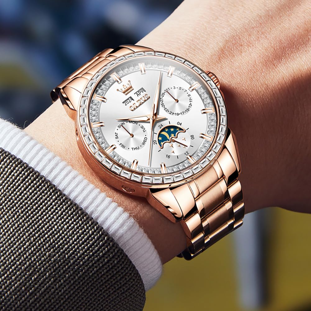 OUPINKE Herren Luxus Uhr Gold Diamant Automatik Mechanisch mit Datum Mondphase Edelstahl Leuchtend Wasserdicht Business Armbanduhr
