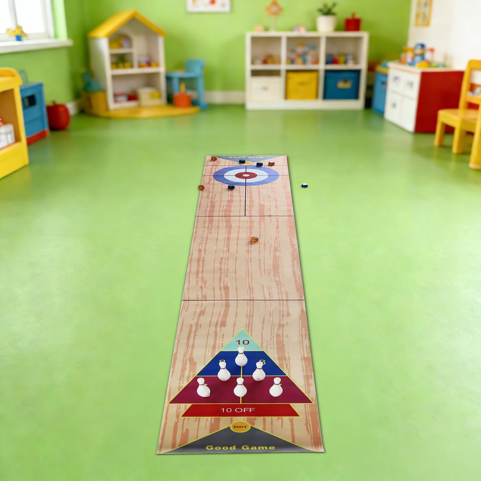 Gioco di quilling 3 in 1, 360 x 57 cm, portatile, gioco di birilli da tavolo, set di birilli da curling con 6 bowling e 2 putter per bambini, per feste di famiglia