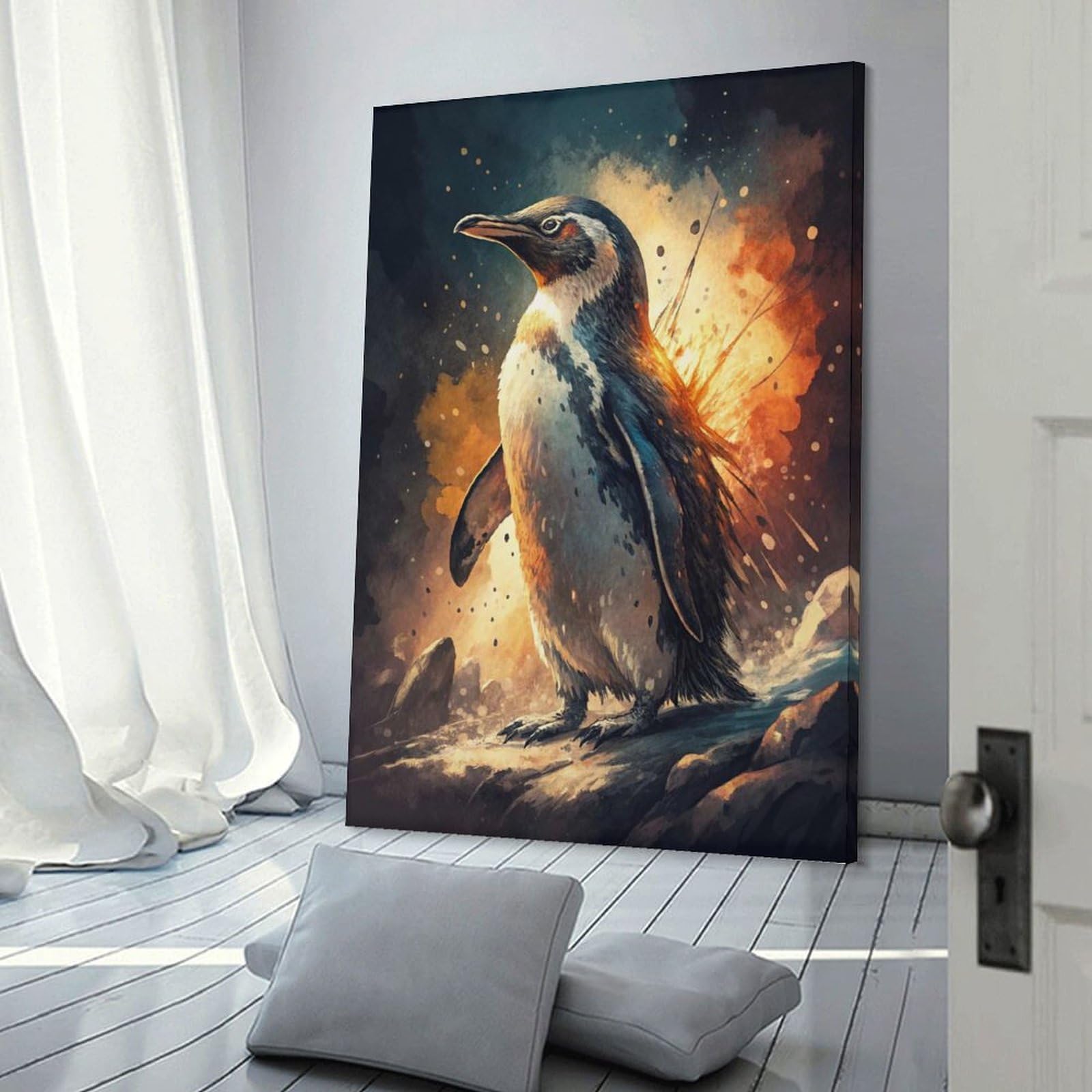 Junmoney Penguin with Fiery Aura Canvas Wall Decor 24x36inch(60x90cm), for Calm Bedrooms, Home Corners Or Flats, An Easy Wall Refresh for Bedrooms