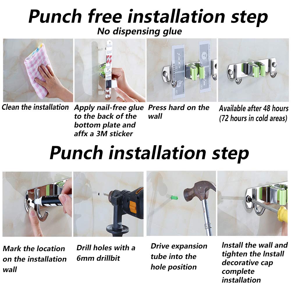 Besenmopp-Halter, robuste Wandhalterung, Edelstahl, Wandmontage, Aufbewahrung, Organizer, Aufhänger mit 3 Racks und 4 Haken für Lanudry Garage, Küche, Badezimmer, Schrank, Büro, Garten (4 Stück)