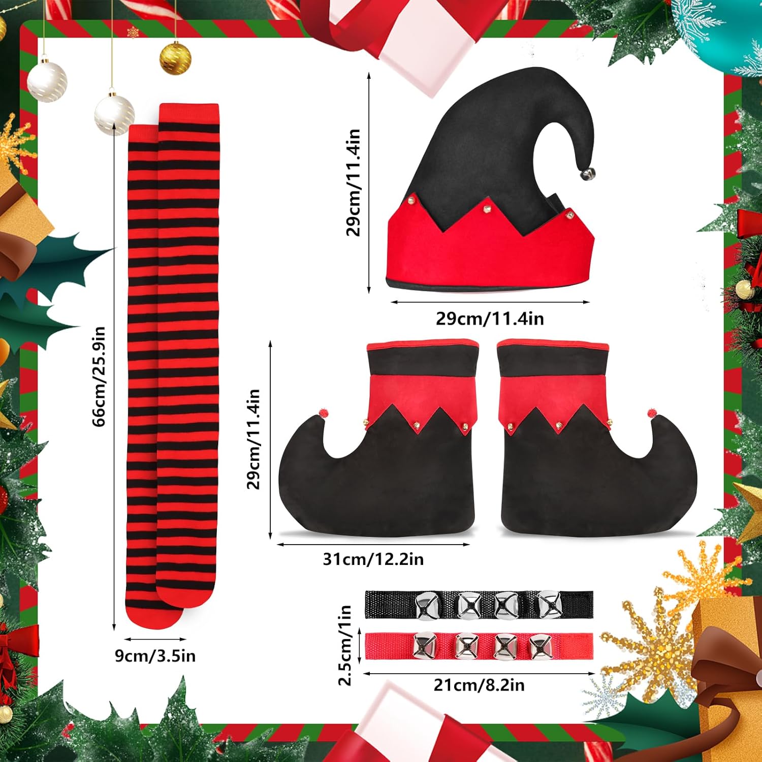 hooqict 7pcs christmas elf costume accessories elf hat shoes socks wristbands christmas santa's helper costume for women men adults xmas festive outfit holiday dress accessory