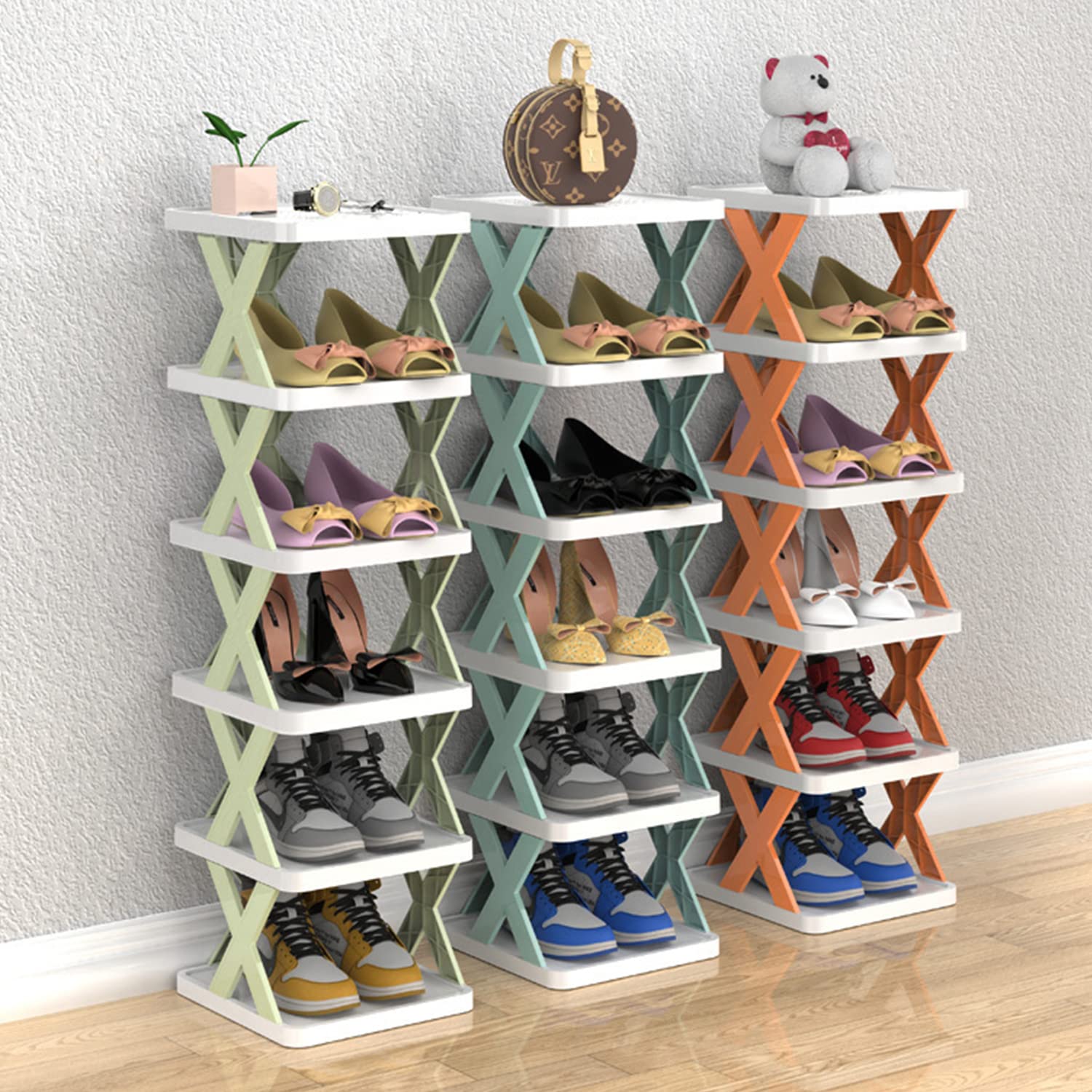 MACIUM Shoe Rack, Vertical Shoe Tower, Narrow Corner Shoe Rack, Shoe Shelf, DIY Free Standing Shoes Storage Organizer for Small Entryway, Closet, Hallway, Living Room, Bedroom (Blue 5 layers)