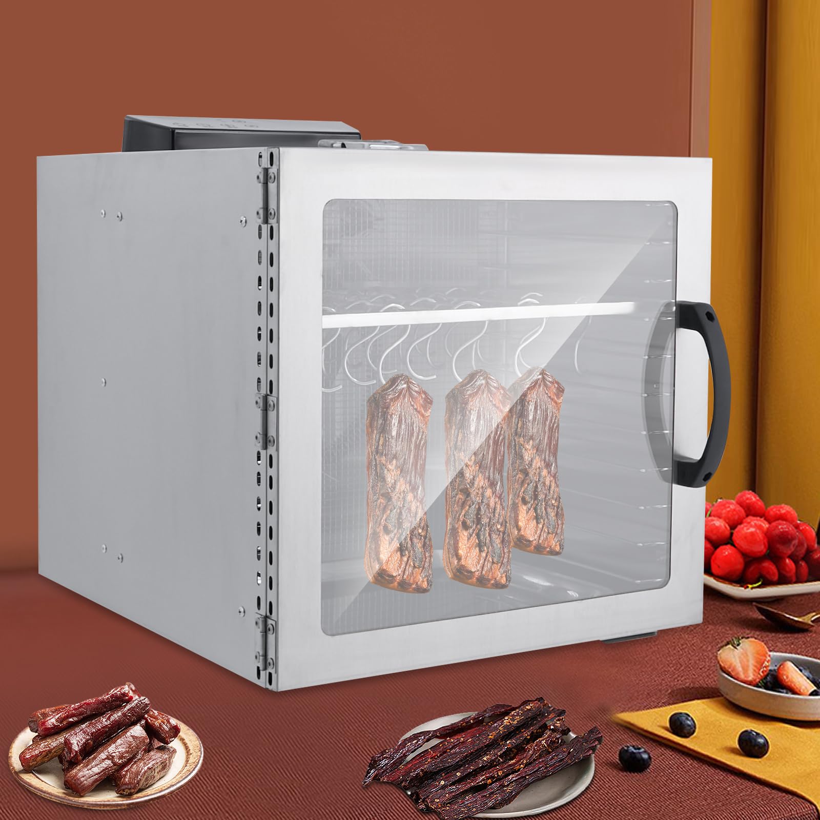 Dörrautomat Edelstahl 1000W 10 Etagen 42.5L Trocknungsschrank-Trockner Maschine mit Ölauffangschale und 20 Haken, 30-90°C Timer 24H Lebensmittel-Dehydrator für Rindfleisch Hühnerwurst Hundeleckerlis