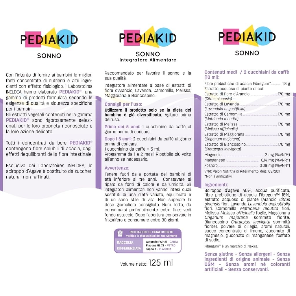 PEDIAKID - Sonno - Formula esclusiva al sciroppo d'Agave - Migliora la qualità del sonno - Aiuta ad addormentarsi prima - Gusto ciliegia - 3 Flaconi da 125 ml