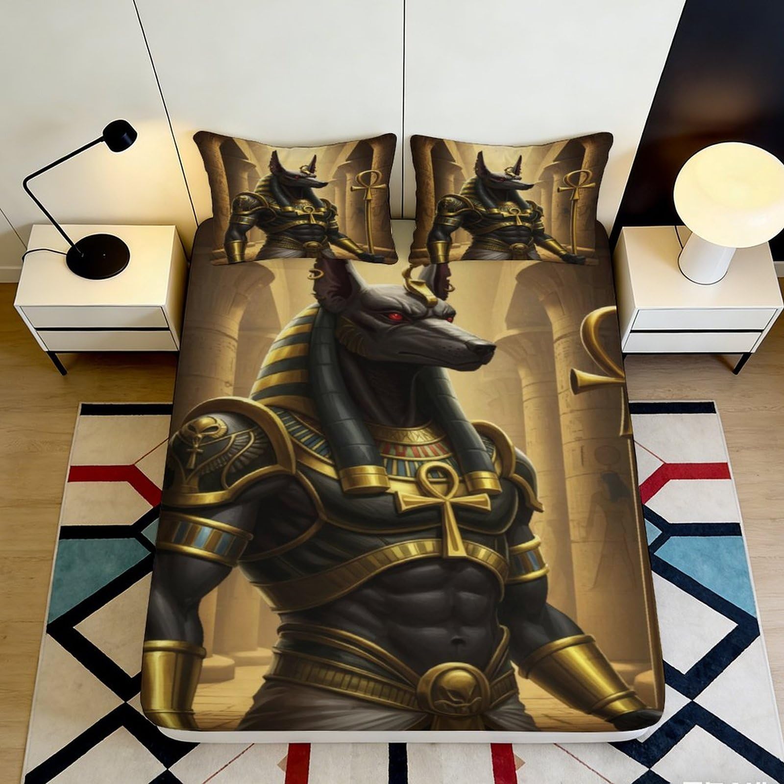 3D Printed Egyptian Anubis Fitted Sheet Microfiber Gold Black Ancient God Mattress Cover for Bedroom Dorm Home Decor 90x200x25cm