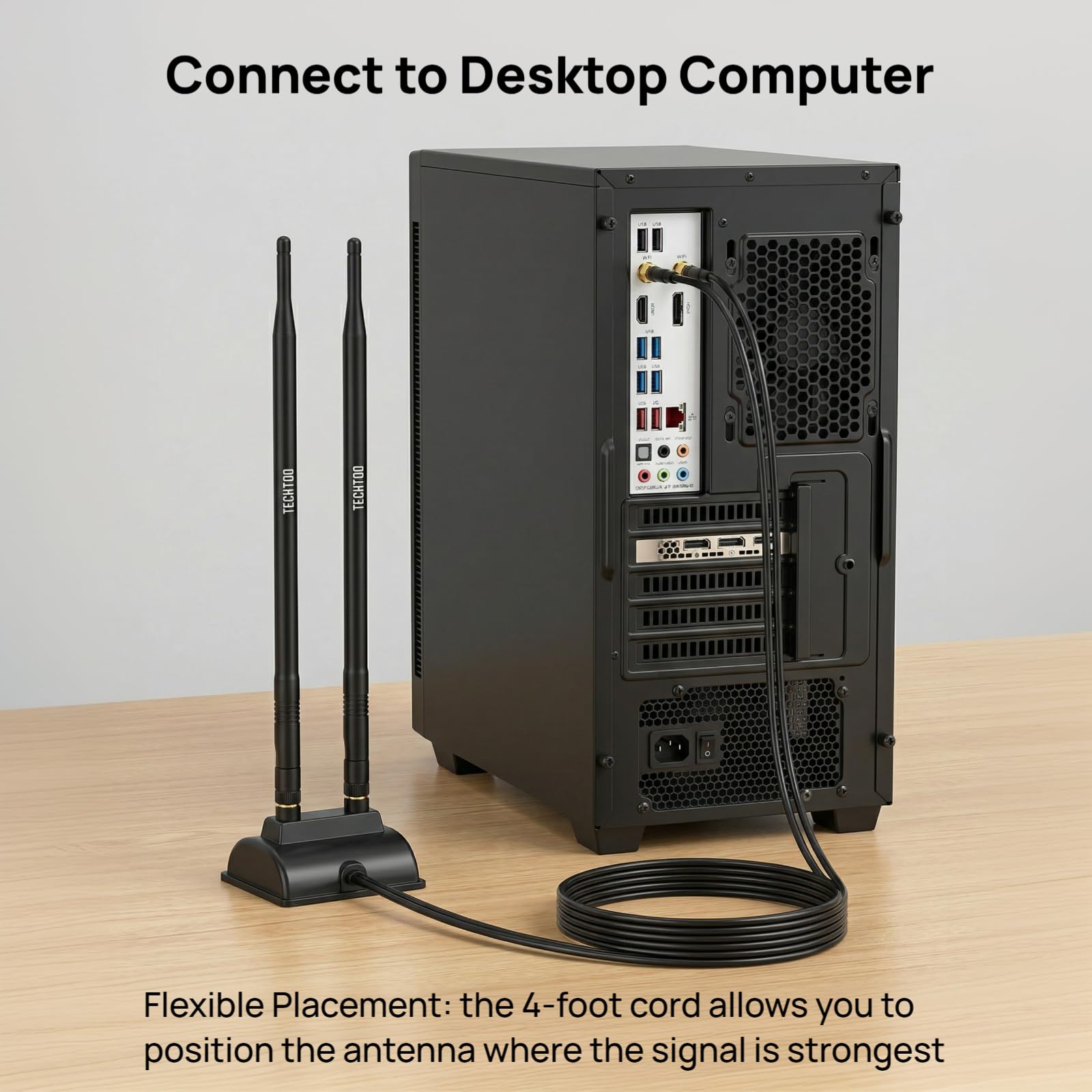 TECHTOO Antenne WiFi 9 dBi 2,4 GHz Connecteur RP-SMA avec base magnétique et câble d'extension de 1,2 m pour PC de bureau, ordinateur de bureau, carte réseau sans fil, carte réseau sans fil, carte