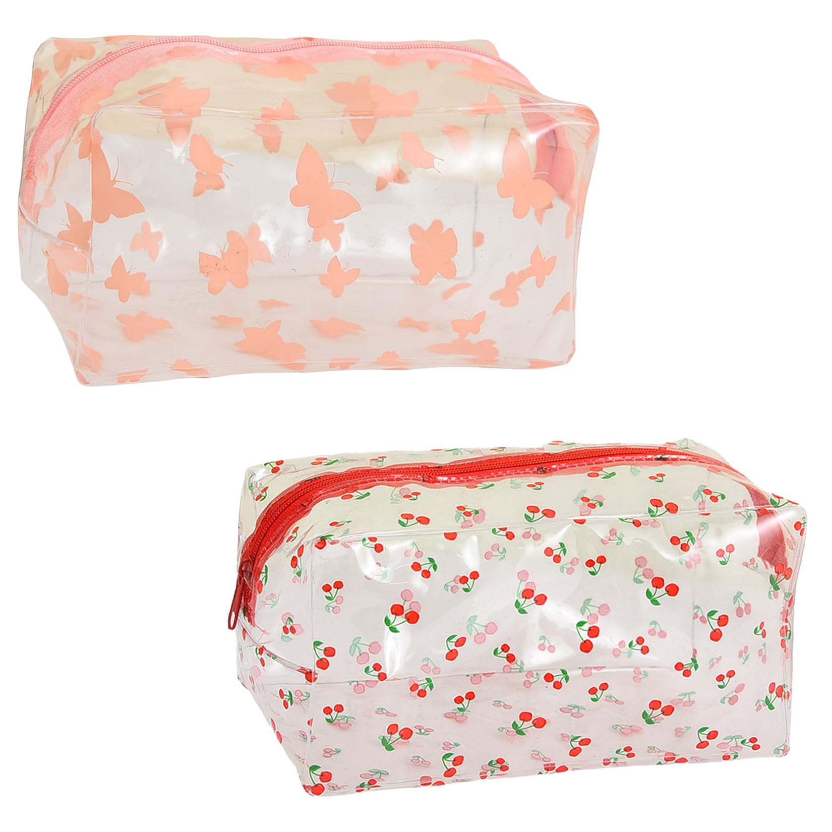 RubyTint 2 Pack Clear Makeup Bags, Waterproof PVC Toiletry and Pencil Cases with Cherry & Pink Butterfly Pattern, Large Capacity Zipper Pouches for Girls School Travel Office