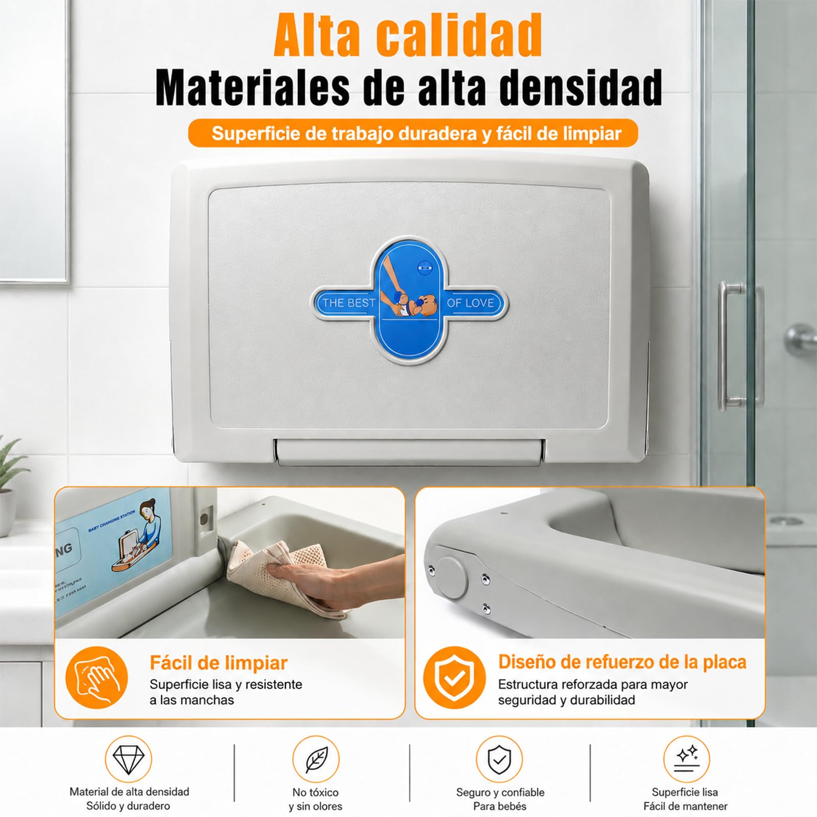 Cambiador bebe plegable de pared, cambiador de bebe para baños públicos con cinturón de seguridad ajustable, ganchos laterales y cajas de almacenamiento plegables