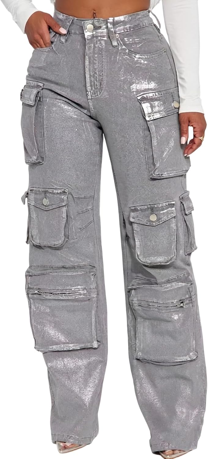 Tbahhir Women Cargo Jeans Baggy High Waisted Straight Leg Denim Pants Multi-Pockets Y2K Trousers Loose Casual Fall